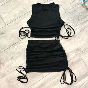 SHEIN Black Ruched Drawstring Crop Top & Mini Skirt Set - Size M